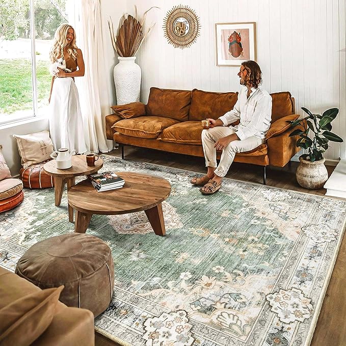 MUJOO Green Rug 8'x10' Area Rugs for Living Room Washable Rugs Large Area Rug Boho Area Rug 8'x10' for Bedroom Non Slip Abstract Soft Low-Pile Floral Flowers