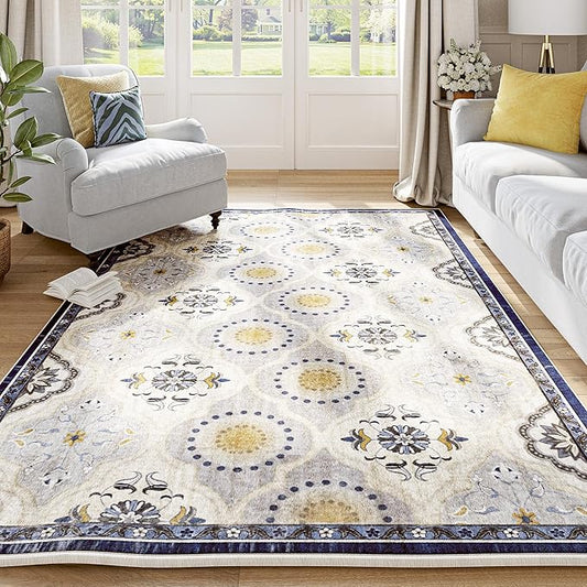 EnHomee Area Rugs 3x5, Soft Washable Rugs for Living Room Bedroom, Boho Non Slip Low Pile Stain Resistant Washable Rug Large Carpet for Dining Room,Easy to Clean Living Room Rug, Blue