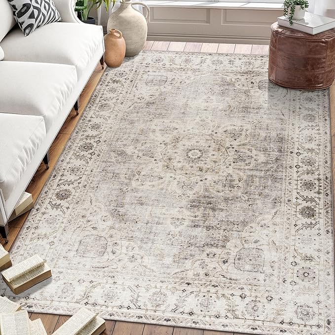 ReaLife Rugs Machine Washable Area Rug - Living Room Bedroom Bathroom Kitchen Entryway Office - Padded Low Pile Stain Resistant Premium - Boho Farmhouse Vintage - Joy - Beige Ivory 7'6" x 9'6"
