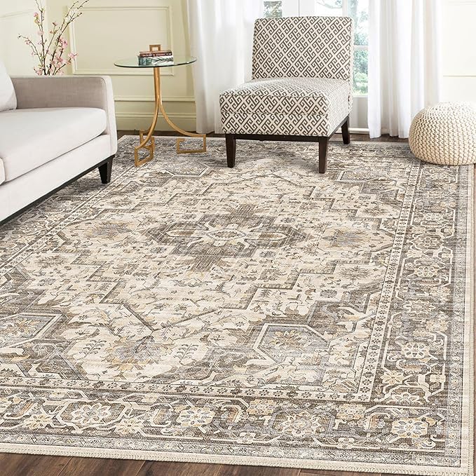 Machine Washable Soft Area Rug 8x10 Rugs with Non Slip Backing for Living Room, Bedroom, Bathroom,Printed Vintage Home Decor, Floor Decoration Carpet Mat (Coffee Beige 8x10)…