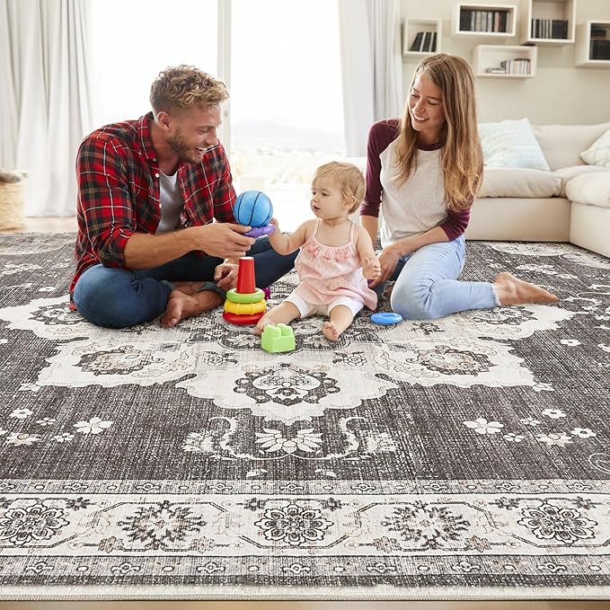 Area Rug for Living Room - 10x14 Soft Washable Oriental Vintage Floral Distressed Large Carpet - Fade Stain Resistant Non Slip Rugs for Bedroom Dining Room Nursery Dorm Office Home Decor - Brown/Grey