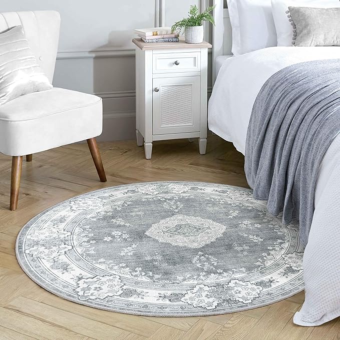 MUJOO Grey Round Rug 4ft,Circle Washable Area Rugs for Bedroom Living Room Bathroom,Vintage Bohemian Distressed Farmhouse Non Slip Circular Carpet,Floral