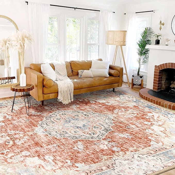 MUJOO 9’x12’ Area Rug Large Rugs for Living Room Orange Rug for Bedroom Dining Room Boho Rug Washable Rug Non Slip Big Carpet Abstract Soft Low-Pile Floral Flowers