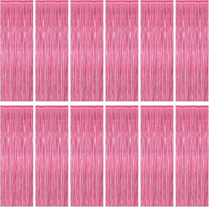 12 Pack Pink Backdrop, 3.28 FT x 7.05 FT Foil Fringe Curtains, Metallic Pink Tinsel Curtain Party Streamer Birthday Backdrop for Girl, Valentines Day Decorations Bachelorette Party Supplies