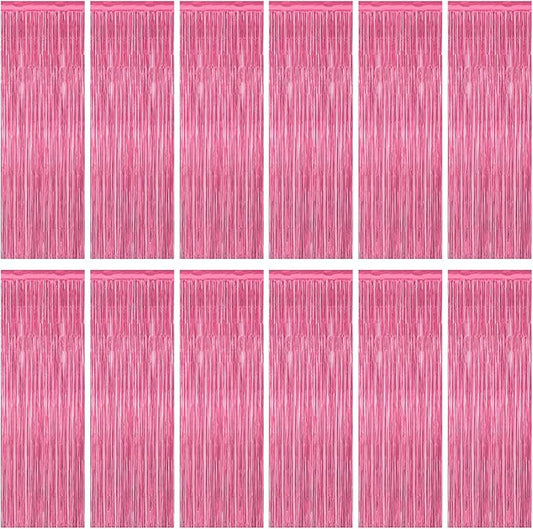12 Pack Pink Backdrop, 3.28 FT x 7.05 FT Foil Fringe Curtains, Metallic Pink Tinsel Curtain Party Streamer Birthday Backdrop for Girl, Valentines Day Decorations Bachelorette Party Supplies