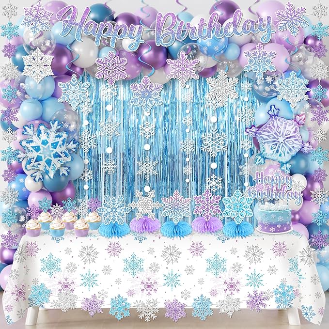 Snowflake Birthday Party Decorations, Blue Purple Winter Wonderland Decorations Kit include Fringe Curtain,Snowflake Garland,Balloon,Banner,Cake Topper,Tablecloth for Winter Snowflake Party Decor