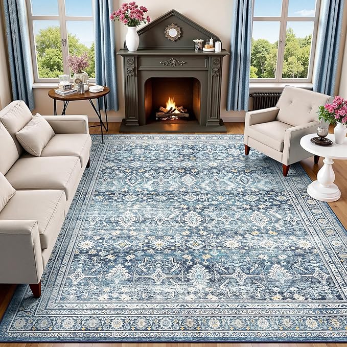 Lofus 8x10 Area Rug for Living Room,Blue Washable Area Rugs with Non-Slip Backing,Soft Boho Carpets for Bedroom Dining Room Home Office Indoor Nursery