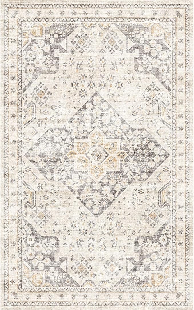 Area Rug 5x7, Washable Vintage Rug Traditional Mat, Distressed Indoor Foldable Thin Retro Accent Rug, Non Slip Carpet Living Room Dining Room Office(Beige Cream, 5x7)