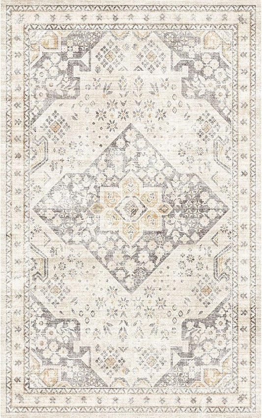 Area Rug 5x7, Washable Vintage Rug Traditional Mat, Distressed Indoor Foldable Thin Retro Accent Rug, Non Slip Carpet Living Room Dining Room Office(Beige Cream, 5x7)