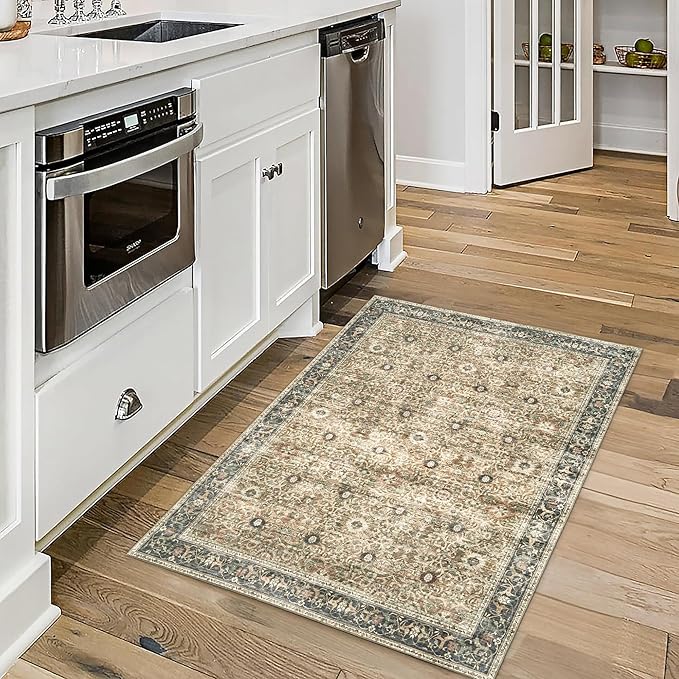 ReaLife Rugs Machine Washable Area Rug - Living Room Bedroom Bathroom Kitchen Entryway Office - Padded Crease Free Stain Resistant Premium - Boho Farmhouse Vintage- Dua- Brown Beige - 2'x 3'