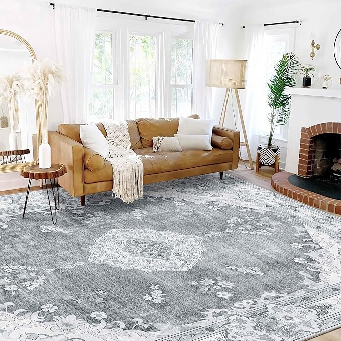MUJOO 9’x12’ Area Rug Large Rugs for Living Room Bedroom Dining Room,Boho Washable Non Slip Bohemian Vintage Distressed Farmhouse Non Slip Big Carpet,Grey Floral Flowers