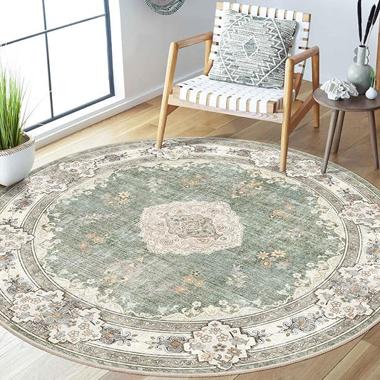MUJOO Green Round Rug 5ft,Circle Washable Area Rugs for Bedroom Living Room Bathroom,Boho Large Non Slip Circular Carpet,Sage Floral