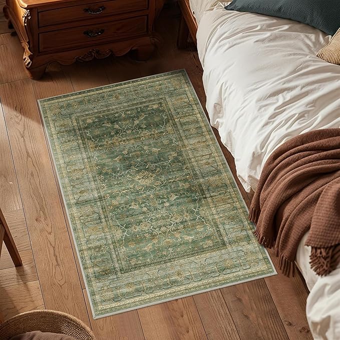 HelloTree 2x3 Entryway Rug Washable Vintage Print Door Mat Kitchen Rugs for Front Door Bedroom Living Room Entrance Small Soft Traditional Distressed Carpet Folable for Room Bedside-Green