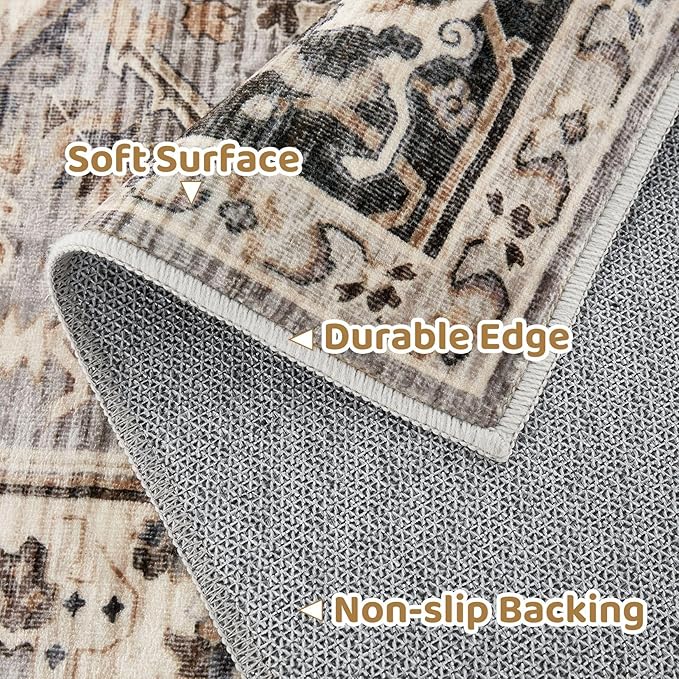 Area Rug for Living Room - 5x5 Soft Machine Washable Oriental Vintage Floral Distressed Large Indoor Floor Carpet for Bedroom Under Dining Table Home Office Decor - Brown