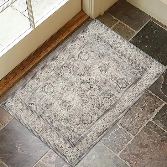 ReaLife Rugs Machine Washable Area Rug - Living Room Bedroom Bathroom Kitchen Entryway Office - Padded Crease Free Stain Resistant Premium - Boho Farmhouse Vintage- Paz- Beige Gray Ivory - 2'x 3'