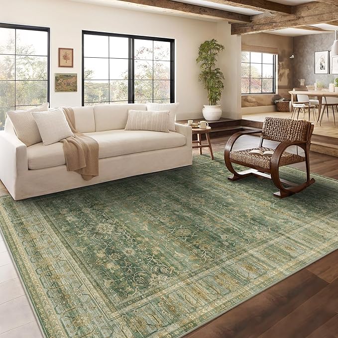 HelloTree Washable Rugs 8x10 Area Rug for Living Room, Vintage Boho Green Rug Non Slip Carpet Retro Accent Indoor Mat Print Distressed Low Pile Throw Large Rug for Office Dining Room Bedside-Green