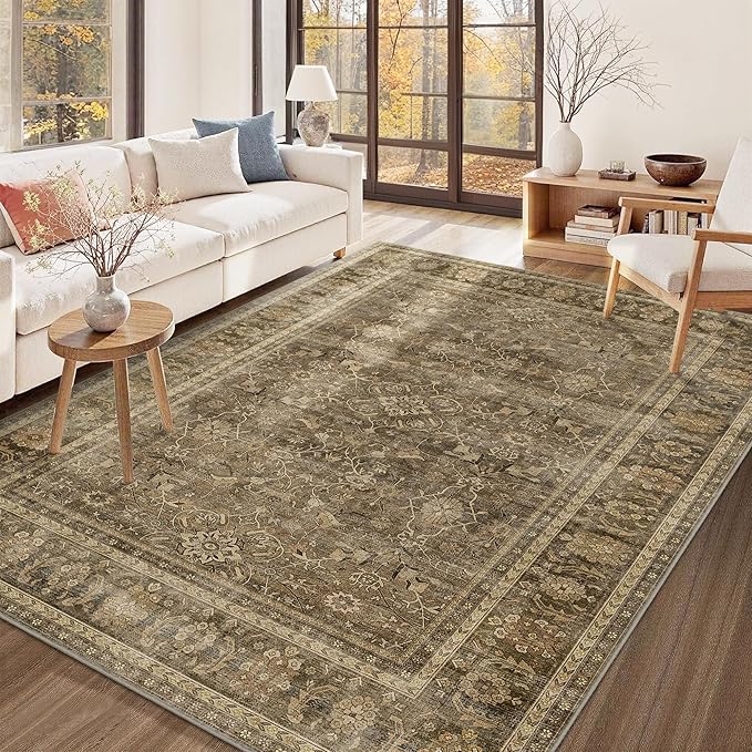HelloTree Washable Rugs 6x9 Area Rug for Living Room, Vintage Boho Brown Rug Non Slip Carpet Retro Accent Indoor Mat Print Distressed Low Pile Throw Large Rug for Office Bedside-Brown