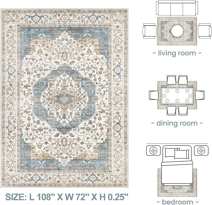 Area Rug for Living Room - 6x9 Soft Washable Oriental Vintage Floral Distressed Large Carpet - Fade Stain Resistant Non Slip Rugs for Bedroom Dining Room Nursery Dorm Office Home Decor - Blue/Beige