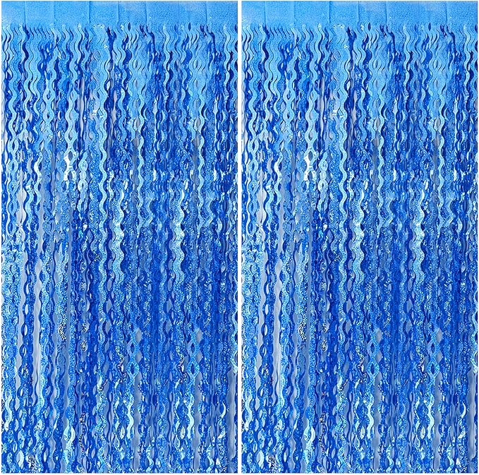 Blue Backdrop Wavy Tinsel Foil Fringe Curtains for Parties Sparkle Metallic Wavy Blue Birthday Decorations for Streamers Party Decorations Photo Booth Props Birthday Ocean Party Decor Supplies
