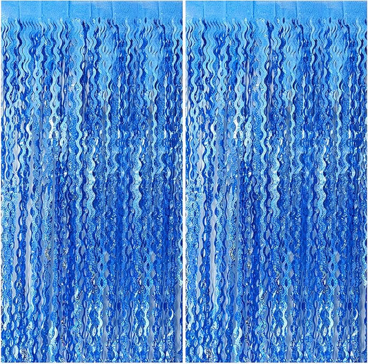 Blue Backdrop Wavy Tinsel Foil Fringe Curtains for Parties Sparkle Metallic Wavy Blue Birthday Decorations for Streamers Party Decorations Photo Booth Props Birthday Ocean Party Decor Supplies