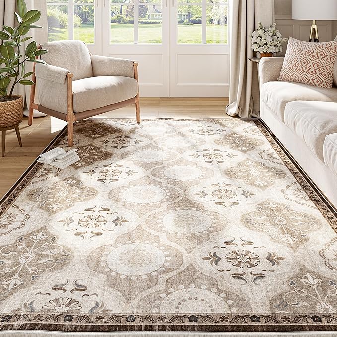 EnHomee Washable Area Rugs 4x6, Soft Area Rug for Living Room Bedroom, Boho Non Slip Low Pile Stain Resistant Washable Rug Large Carpet for Dining Room,Easy to Clean Living Room Rug, Khaki