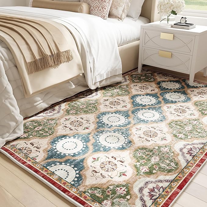 EnHomee Area Rugs 3x5, Soft Washable Rugs for Living Room Bedroom, Boho Non Slip Low Pile Stain Resistant Washable Rug Large Carpet for Dining Room,Easy to Clean Living Room Rug, Red & Green