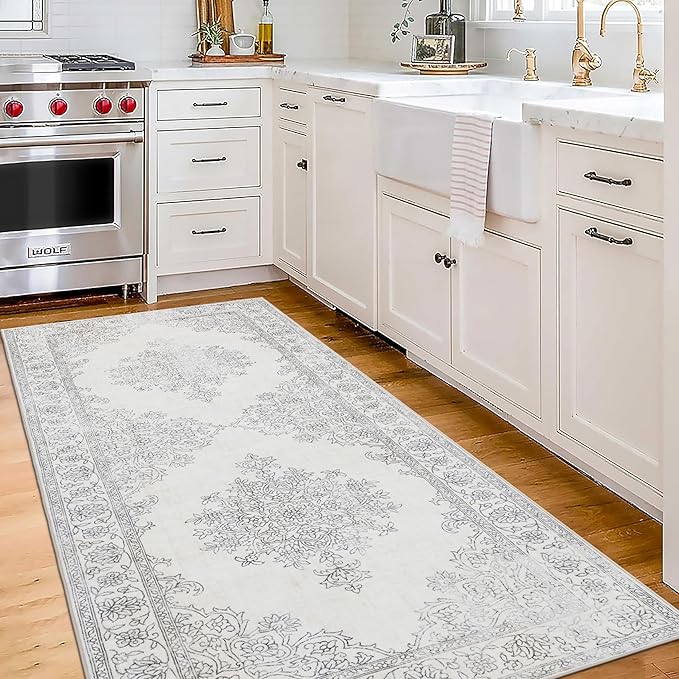 ReaLife Rugs Machine Washable Area Rug Runner - Living Room Bedroom Bathroom Kitchen Entryway Office - Padded Low Pile Stain Resistant Premium - Boho Farmhouse Vintage - Paige - Ivory 2'6" x 8'