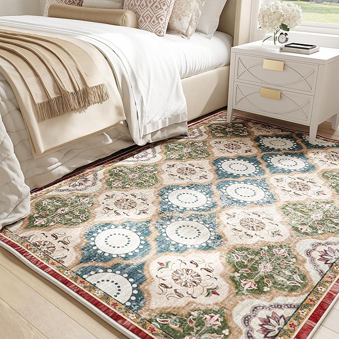 EnHomee Boho Chic 4x6 Washable Rug - Soft, Low Pile & Durable for High-Traffic Living Rooms & Bedrooms Stain Resistant, Non-Slip Easy Clean Carpet in Red&Green