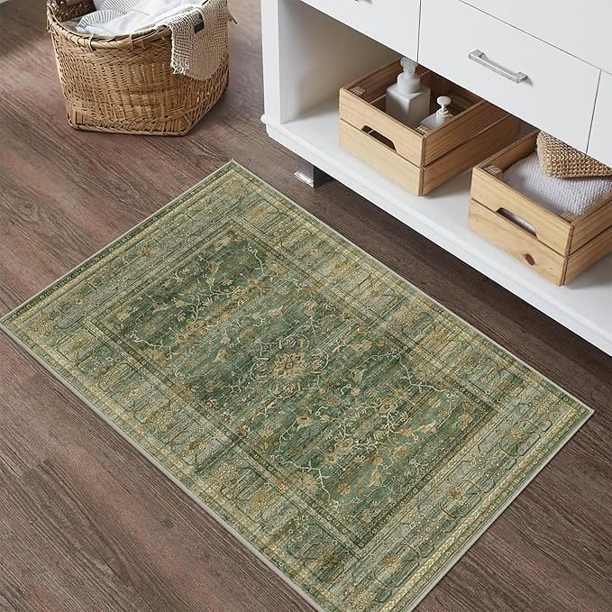 HelloTree 2x3 Entryway Rug Washable Vintage Print Door Mat Kitchen Rugs for Front Door Bedroom Living Room Entrance Small Soft Traditional Distressed Carpet Folable for Room Bedside-Green