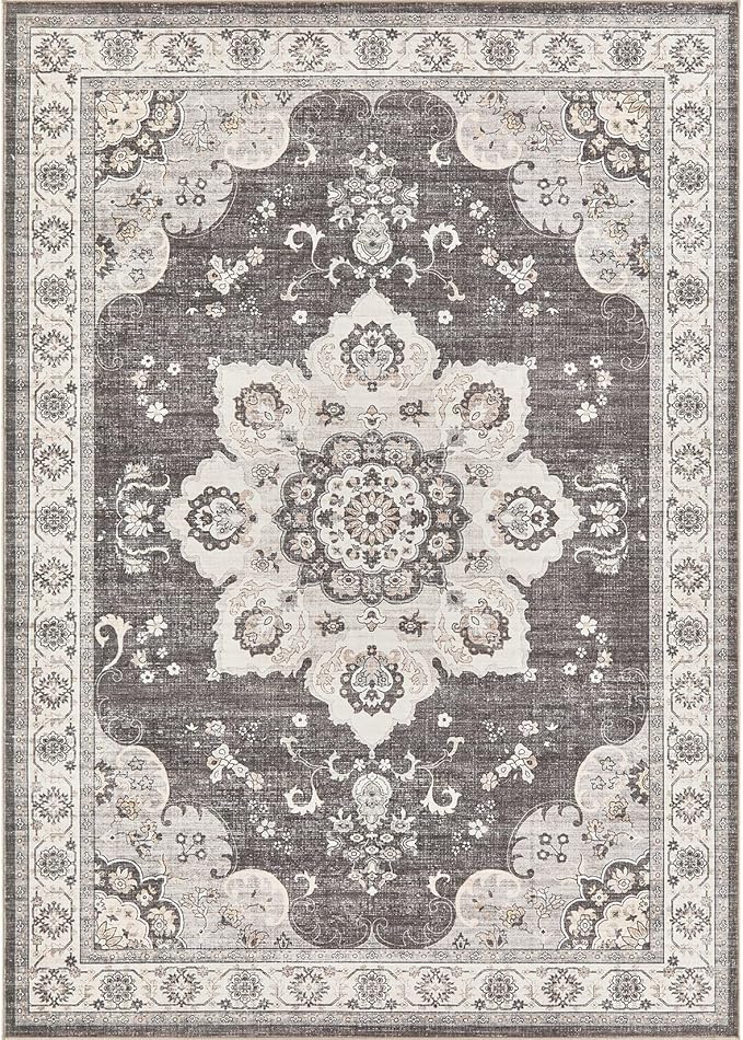 Area Rug for Living Room - 8x10 Soft Washable Oriental Vintage Floral Distressed Large Carpet - Fade Stain Resistant Non Slip Rugs for Bedroom Dining Room Nursery Dorm Office Home Decor - Brown/Grey