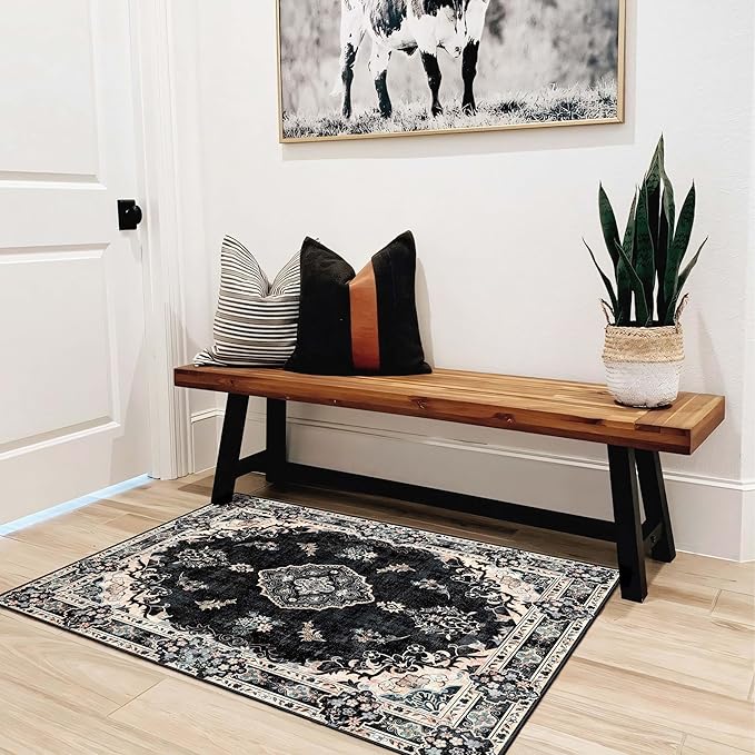 MUJOO Black Rug 2'x3',Small Washable Area Rugs for Entryway Kitchen Bathroom Bedroom,Boho Vintage Bohemian Distressed Farmhouse Non Slip Carpet, Floral