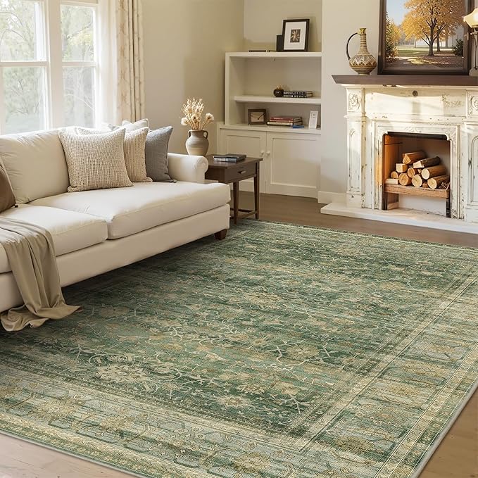 HelloTree Washable Rugs 5x7 Area Rug for Living Room, Vintage Boho Rug Non Slip Carpet Retro Accent Indoor Mat Print Distressed Low Pile Throw Large Rug for Office Bedside-Green
