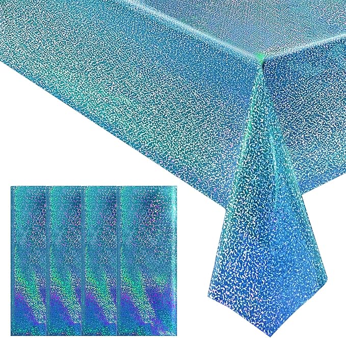 4pcs Blue Holographic Laser Tablecloths 40" x 108" Plastic Table Cloths for Parties Shimmer Shiny Party Decoration for Winter Ocean Princess Birthday Party Wedding Baby Shower Christmas Decor