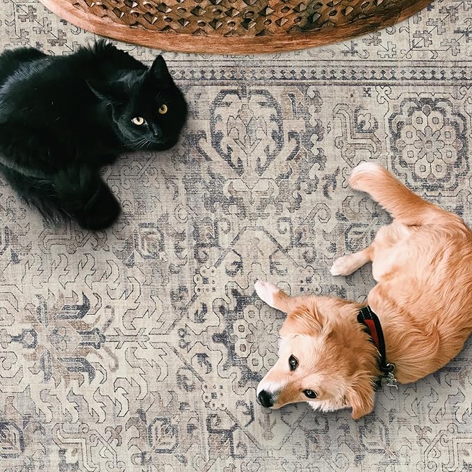 ReaLife Rugs Machine Washable Area Rug - Living Room Bedroom Bathroom Kitchen Entryway Office - Padded Low Pile Stain Resistant Premium - Boho Farmhouse Vintage - Paz - Beige Gray Ivory 2'6" x 8'