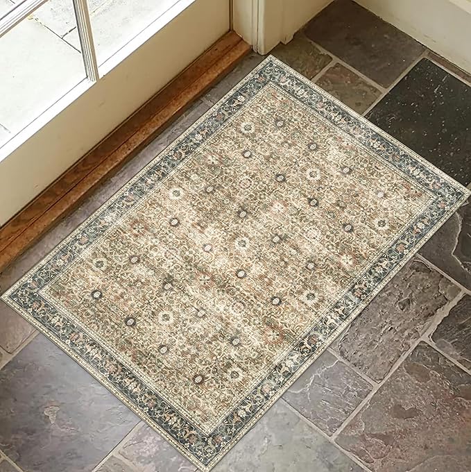 ReaLife Rugs Machine Washable Area Rug - Living Room Bedroom Bathroom Kitchen Entryway Office - Padded Crease Free Stain Resistant Premium - Boho Farmhouse Vintage- Dua- Brown Beige - 2'x 3'