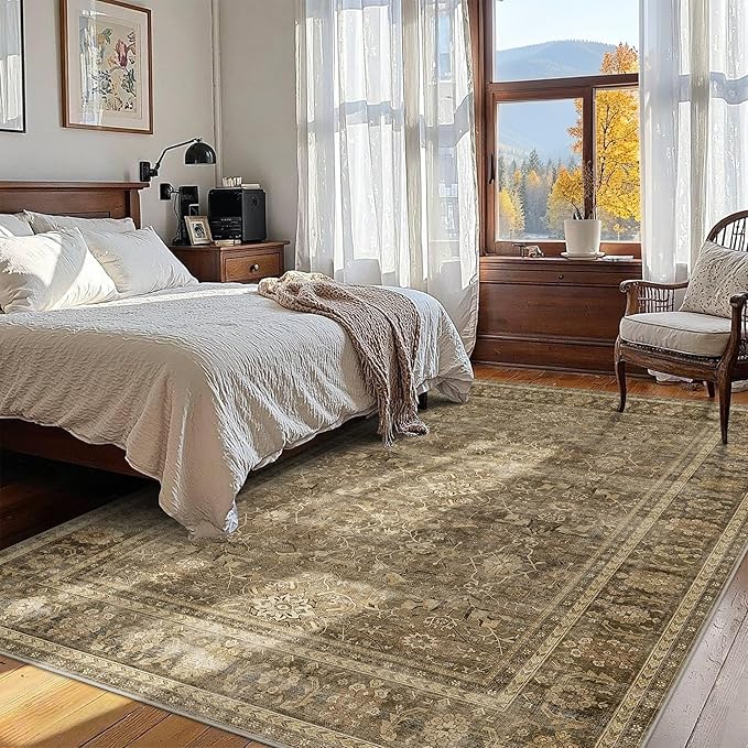 HelloTree Washable Rugs 6x9 Area Rug for Living Room, Vintage Boho Brown Rug Non Slip Carpet Retro Accent Indoor Mat Print Distressed Low Pile Throw Large Rug for Office Bedside-Brown
