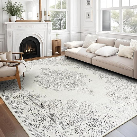 ReaLife Rugs Machine Washable Area Rug - Living Room Bedroom Bathroom Kitchen Entryway Office - Padded Low Pile Stain Resistant Premium - Boho Farmhouse Vintage - Paige - Ivory 7'6" x 9'6"