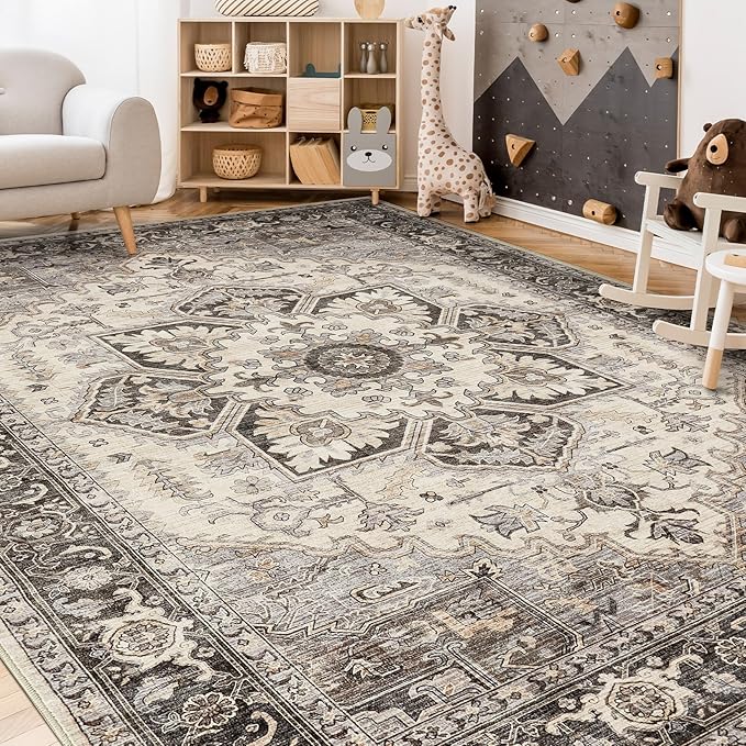 Area Rug 5x7 for Living Room - Washable Oriental Vintage Floral Distressed Large Indoor Carpets with Non Slip Back for Bedroom Dining Room Nursery Office Home Decor - Grey Brown