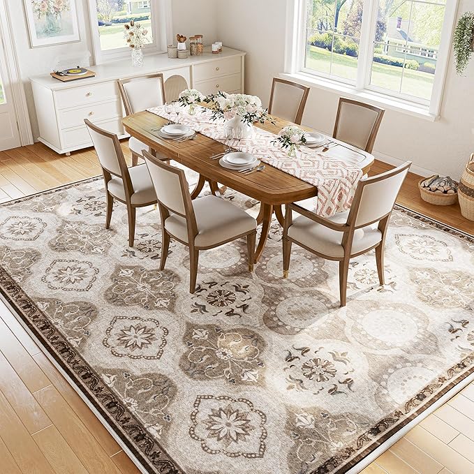 EnHomee 8x10 Area Rug, Soft Washable Rugs for Living Room Bedroom, Boho Non Slip Low Pile Stain Resistant Washable Rug Large Area Rugs for Dining Room,Easy to Clean Living Room Rug, Khaki