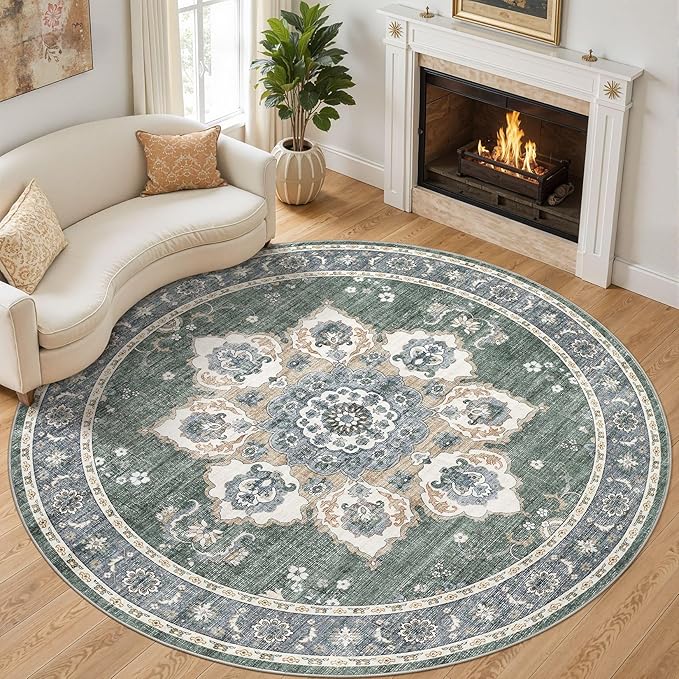 Area Rug for Living Room - 8x8 Soft Washable Oriental Vintage Floral Distressed Large Carpet - Fade Stain Resistant Non Slip Rugs for Bedroom Dining Room Nursery Dorm Office Home Decor - Green