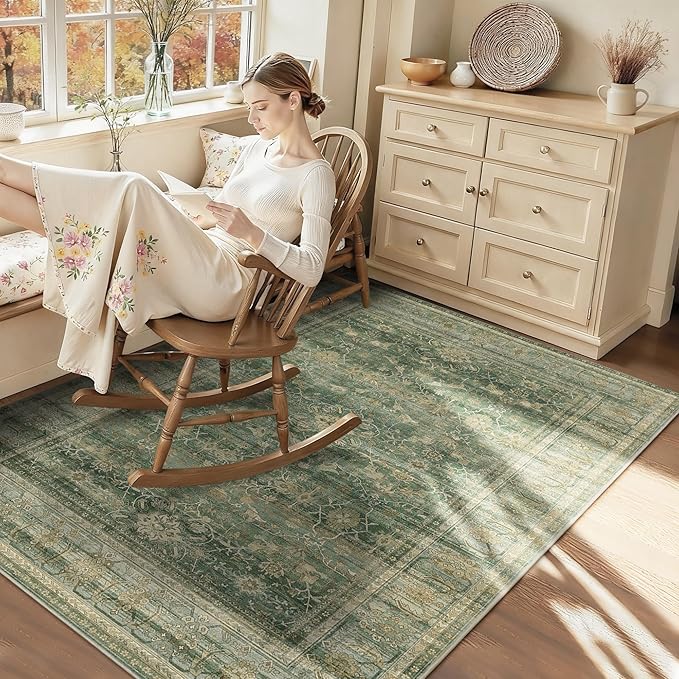 HelloTree Vintage Area Rug 4x6 Entryway Office Washable Carpet Non Slip Backing Printed Distressed Rugs for Bedroom Vintage Boho Tribal Area Rugs for Bathroom Bedroom Dining Living Room-Green