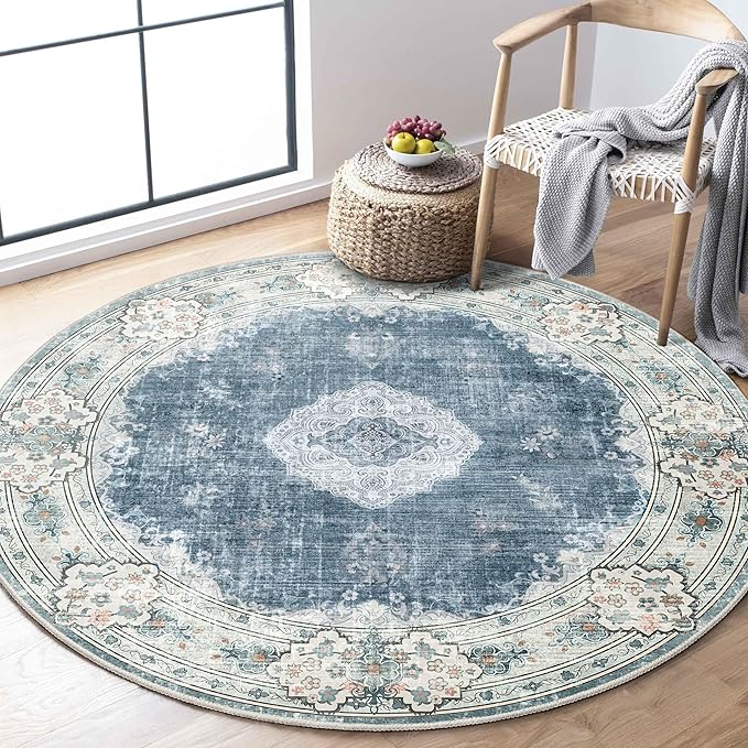 MUJOO Blue Round Rug 4ft,Circle Washable Area Rugs for Bedroom Living Room Bathroom,Boho Small Non Slip Circular Carpet, Floral