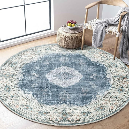 MUJOO Blue Round Rug 4ft,Circle Washable Area Rugs for Bedroom Living Room Bathroom,Boho Small Non Slip Circular Carpet, Floral