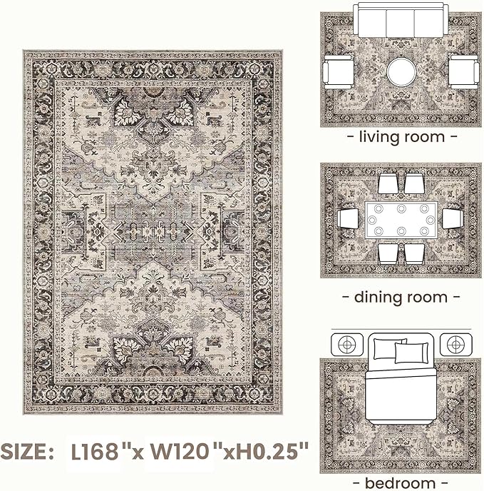Area Rug for Living Room - 10x14 Soft Machine Washable Oriental Vintage Floral Distressed Large Indoor Floor Carpet for Bedroom Under Dining Table Home Office Decor - Brown