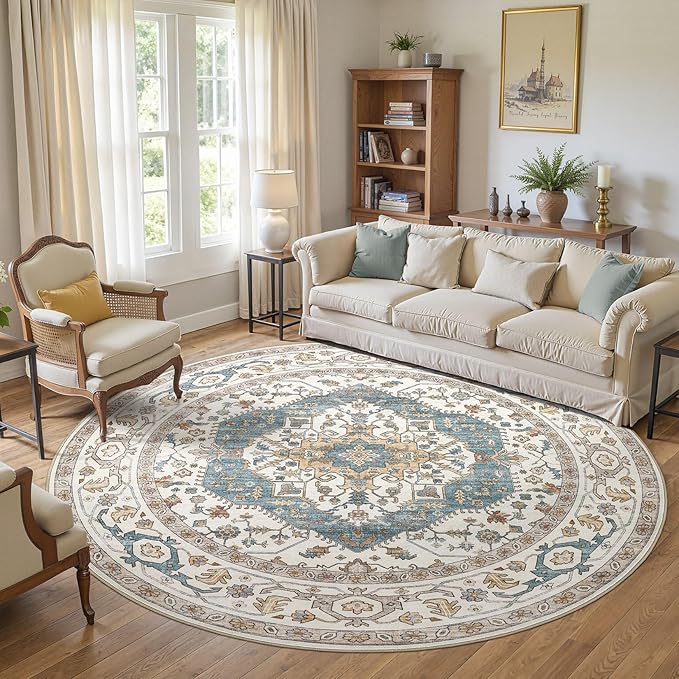 Area Rug for Living Room - 8x8 Soft Washable Oriental Vintage Floral Distressed Large Carpet - Fade Stain Resistant Non Slip Rugs for Bedroom Dining Room Nursery Dorm Office Home Decor - Blue/Beige