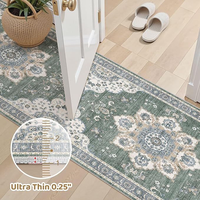 Area Rug for Entryway - 3x8 Soft Washable Oriental Vintage Floral Distressed Large Carpet - Fade Stain Resistant Non Slip Rugs for Bedroom Dining Room Nursery Dorm Office Home Decor - Green