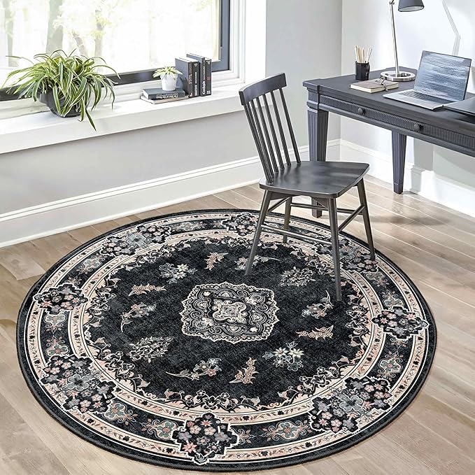 MUJOO Black Round Rug 5ft,Circle Washable Area Rugs for Bedroom Living Room Bathroom,Boho Vintage Bohemian Distressed Farmhouse Large Non Slip Circular Carpet,Floral