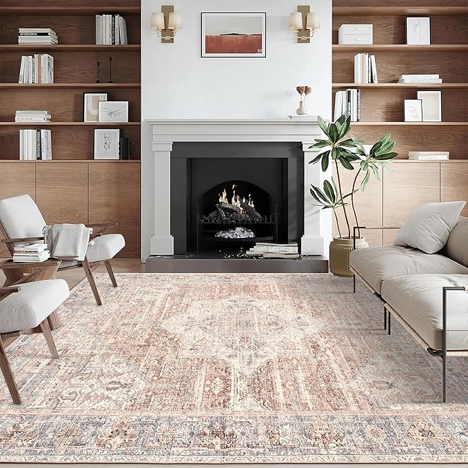 ReaLife Rugs Machine Washable Area Rug - Living Room Bedroom Bathroom Kitchen Entryway Office - Padded Low Pile Stain Resistant Premium - Boho Farmhouse Vintage - Lyle - Gray Ivory Blush 4' x 6'