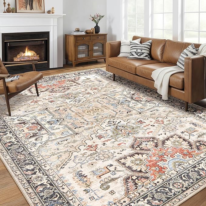 Area Rug for Living Room - 10x12 Soft Washable Oriental Vintage Floral Distressed Large Carpet - Fade Stain Resistant Non Slip Rugs for Bedroom Dining Room Nursery Dorm Office Home Decor - Multi