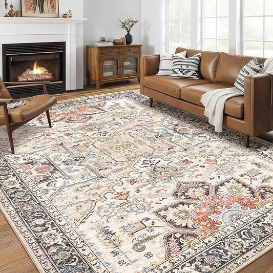 Area Rug for Living Room - 10x12 Soft Washable Oriental Vintage Floral Distressed Large Carpet - Fade Stain Resistant Non Slip Rugs for Bedroom Dining Room Nursery Dorm Office Home Decor - Multi